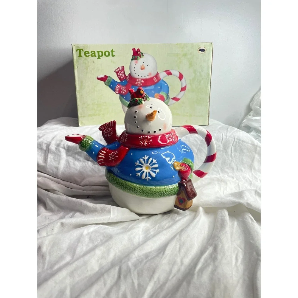 Adorable Snowman Teapot Candy Cane Handle Christmas Holiday Kitchen Decor